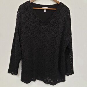 Susan Graver Womens Lace Overlay Top Size 2X Black Witchy Whimsigoth Church
